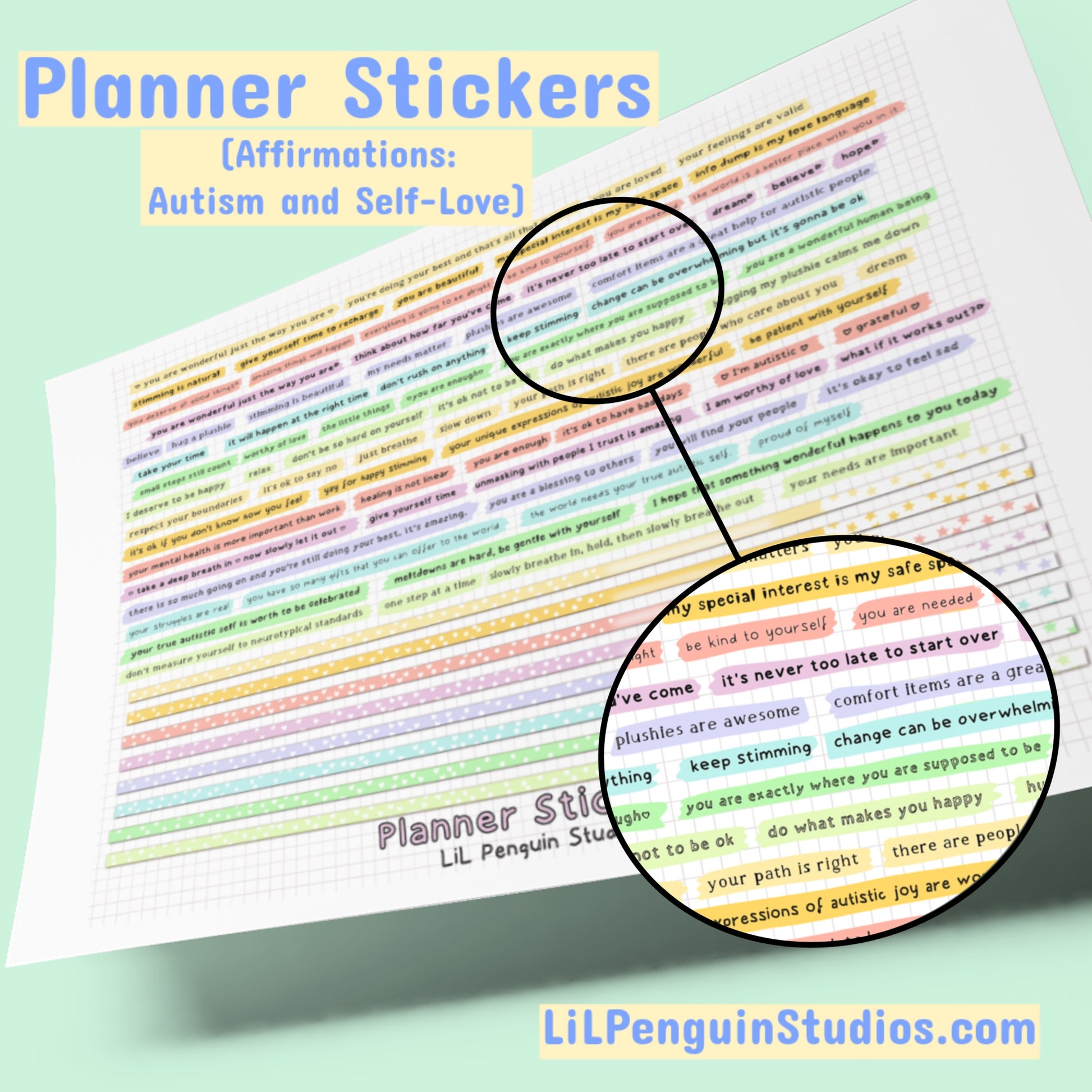 printable planner and journal stickers: affirmations and washi patterns.Written and hand-drawn by an autistic artist (LiL Penguin Studios (autism_happy_plance on Instagram)