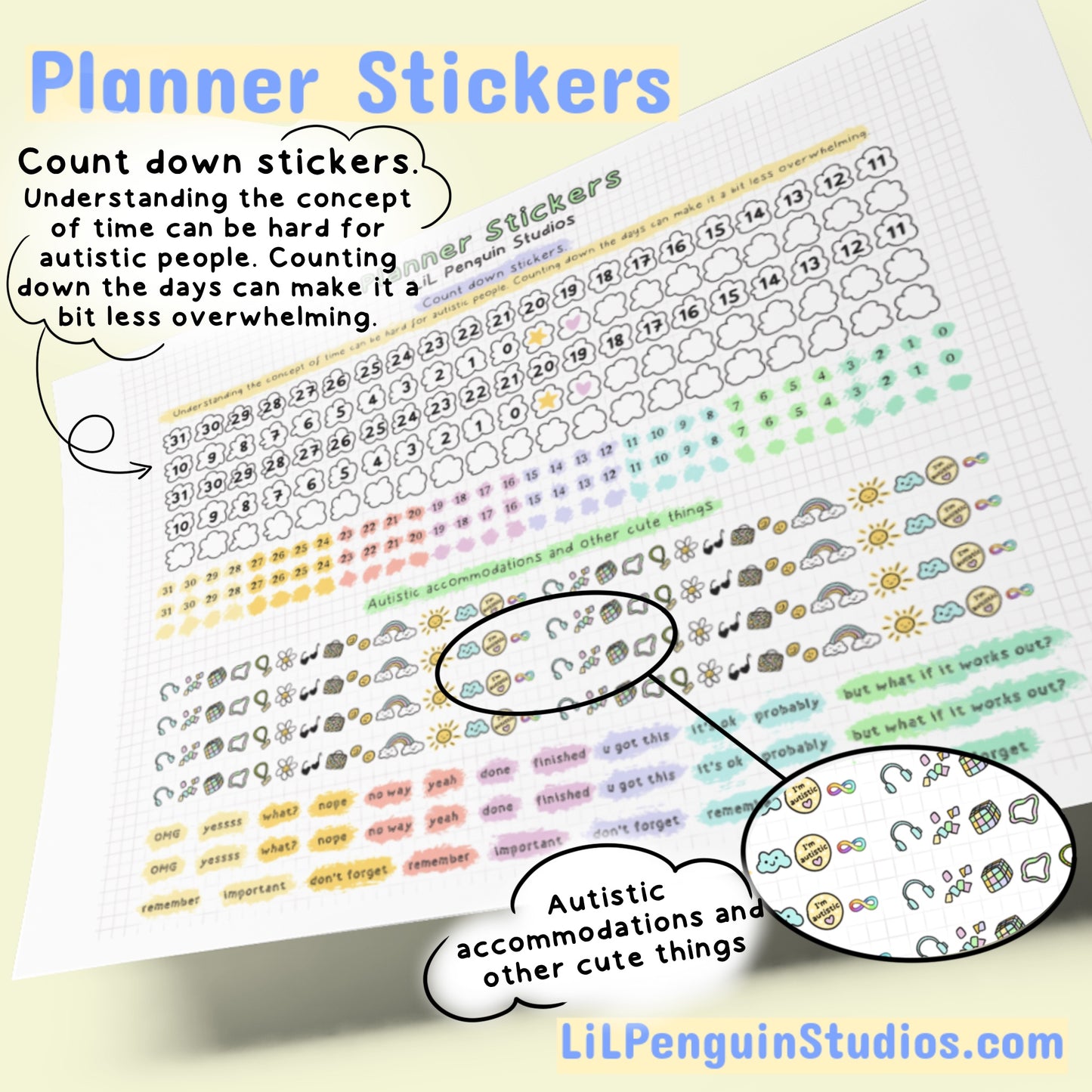 printable planner stickers.  hand-drawn by an autistic artist (LiL Penguin Studios (autism_happy_plance on Instagram)