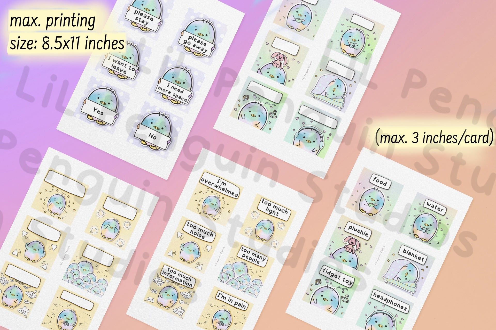 Printable Affirmation and Communication Cards Bundle. Written and hand-drawn by an autistic artist (LiL Penguin Studios (autism_happy_plance on Instagram).
