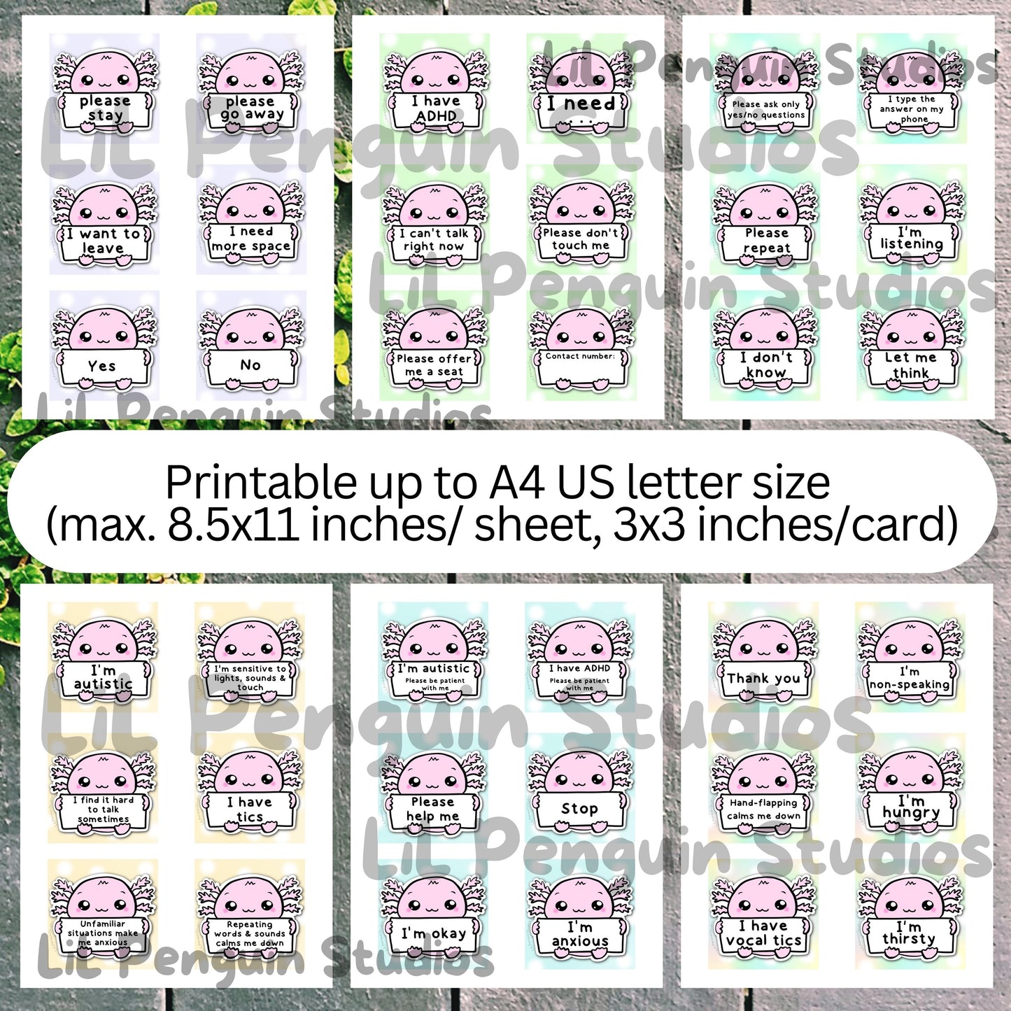 Axolotl Communication Cards and Affirmations Bundle (Autism, ADHD, Anxiety, Hidden Disabilities)