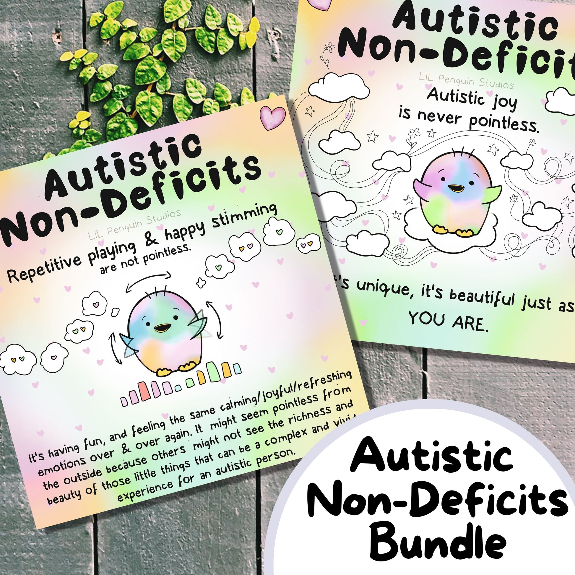 Autistic Non-Deficits Printable Bundle (there are two artworks shown about repetitive playing, happy stimming and autistic joy)
