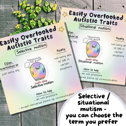 Easily Overlooked Autistic Traits Printable Bundle hand drawn by an autistic artist (LiL penguin Studios). This image shows two variations of an artwork about selective mutism/ situational mutism.