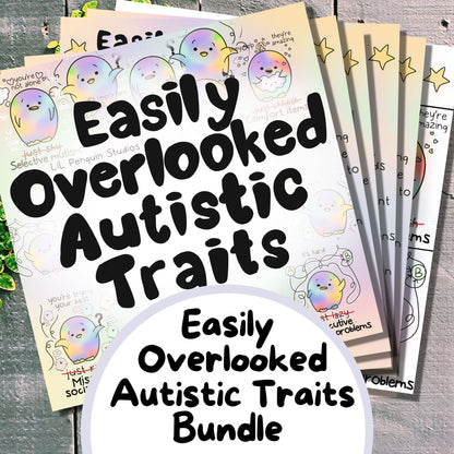 Easily Overlooked Autistic Traits Printable Bundle for therapists and other professionals hand drawn by an autistic artist including seven autism acceptance art prints. Great for neurodiversity affirming therapists (psychologists, psychiatrists, speech pathologists), school counsellors, special education teachers, etc.