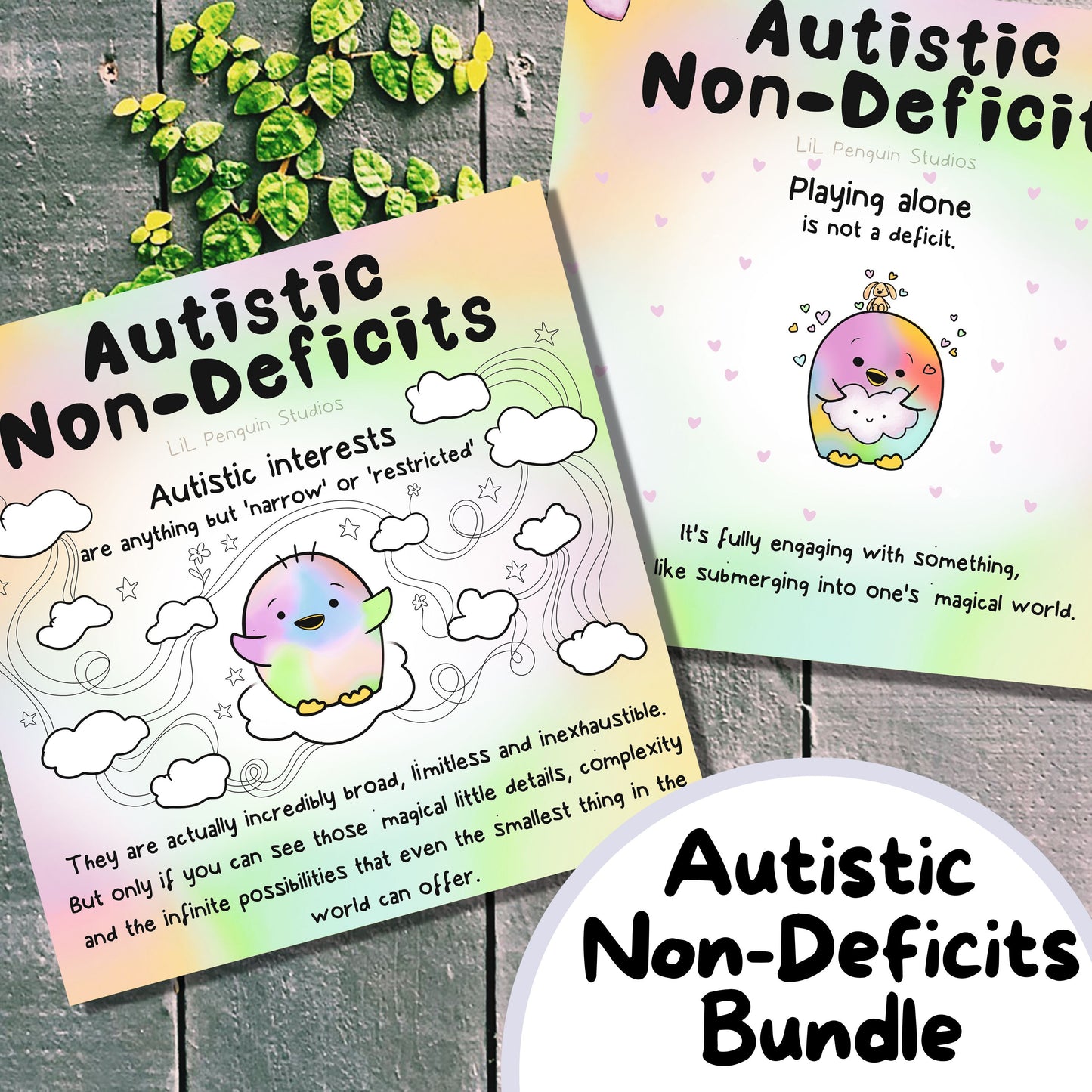 Autistic Non-Deficits Printable Bundle (there are two artworks shown about autistic special interests and and playing alone)