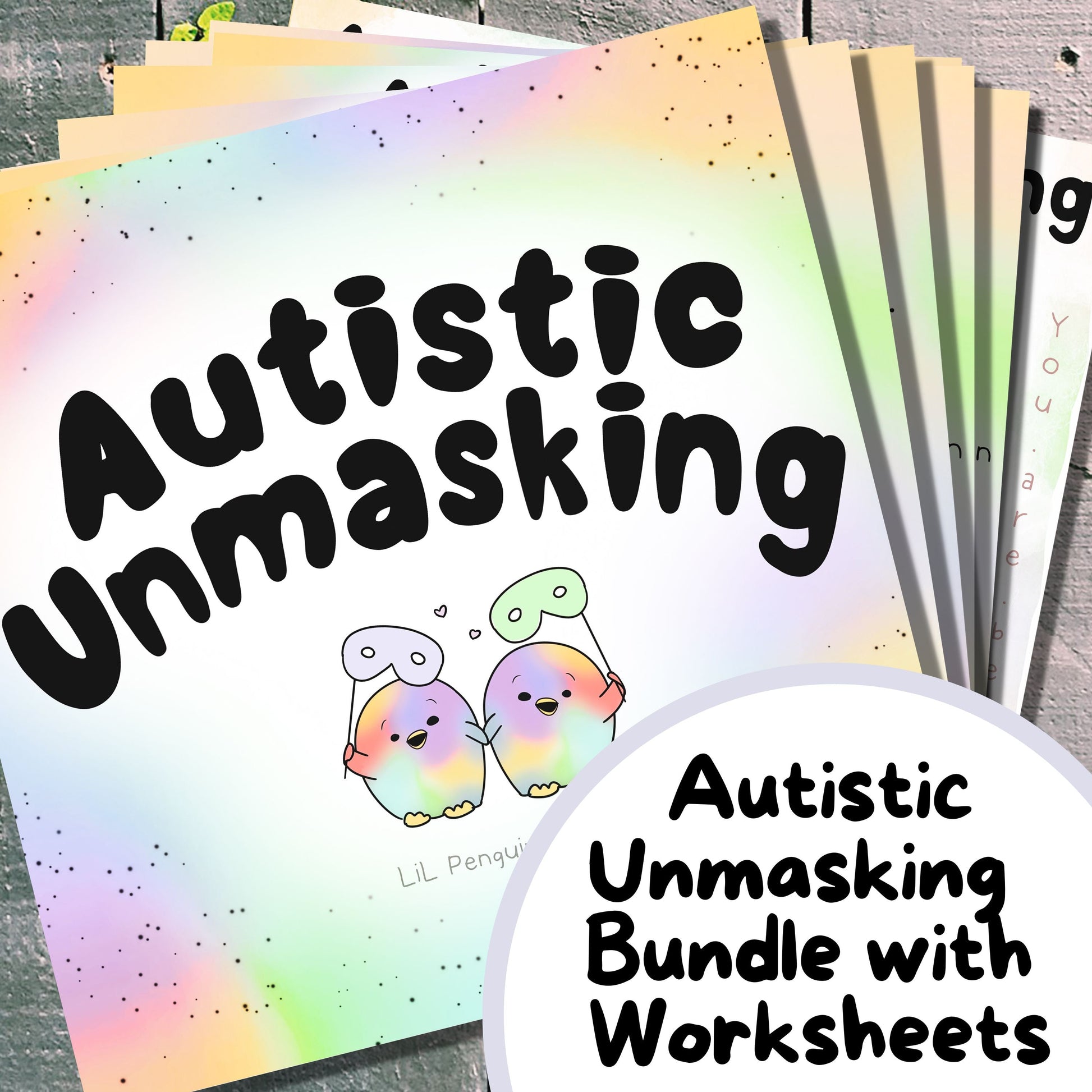 Autistic Unmasking Bundle with private practice licence. This bundle includes 6 Worksheets, a poster and 6 further art prints.