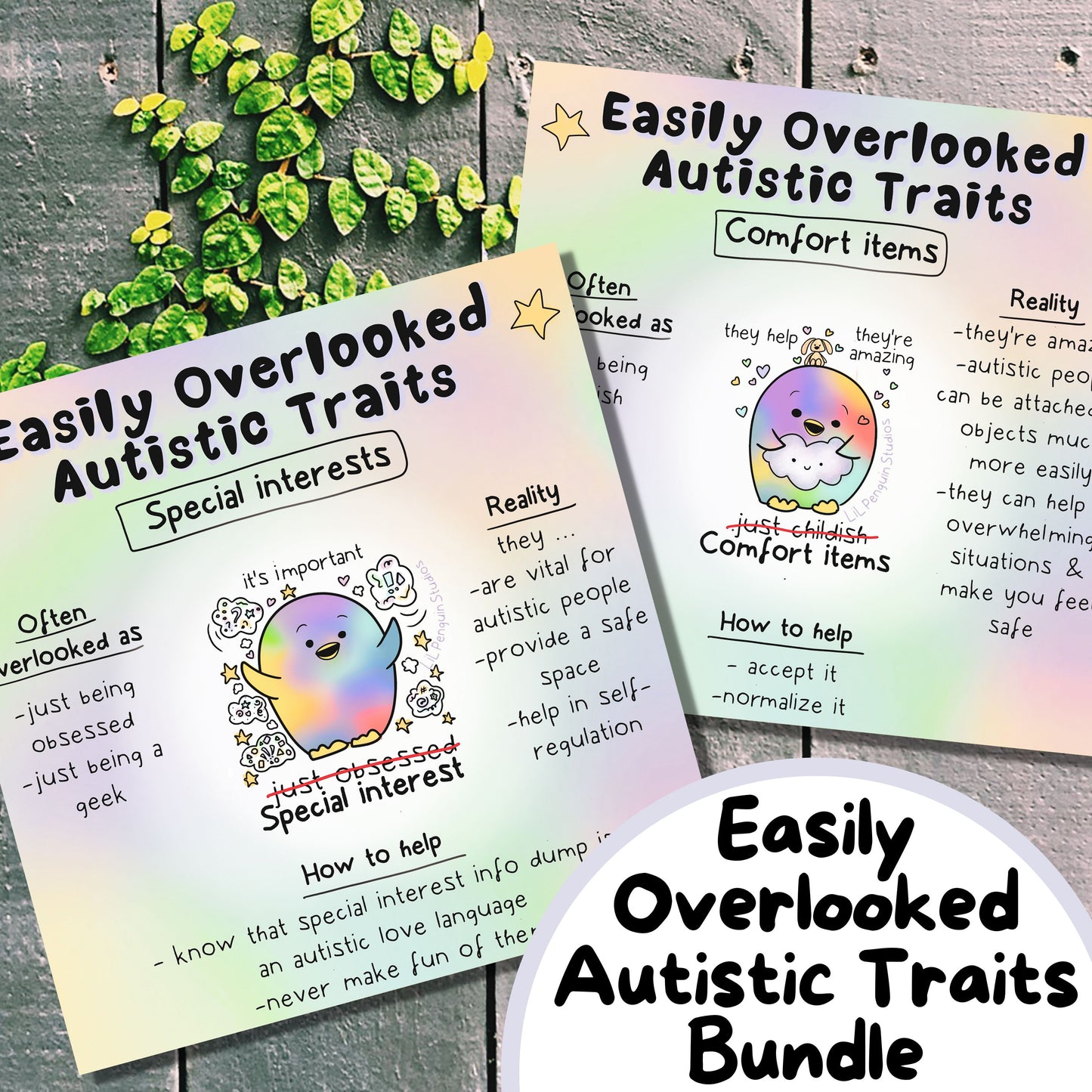Easily Overlooked Autistic Traits Printable Bundle hand drawn by an autistic artist (LiL penguin Studios).