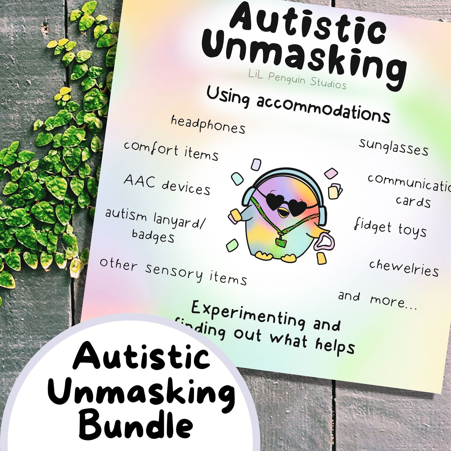 Autistic Unmasking Bundle with 6 Worksheets, a poster and 6 further art prints.