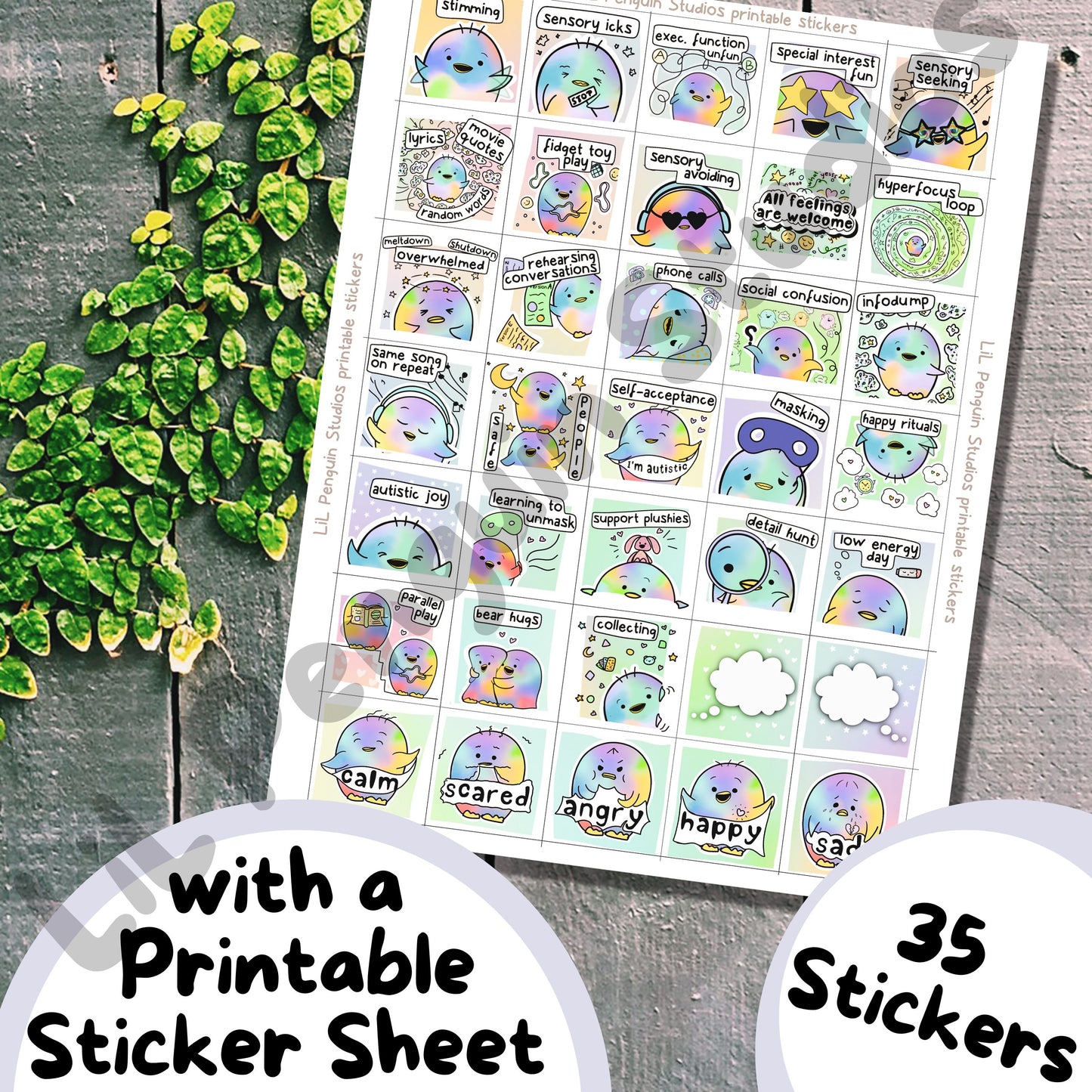 Printable Autism Sticker Set hand drawn by an autistic artist