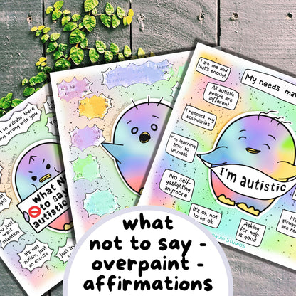 What (not) to say to autistic people and autistic affirmations bundle with digital art prints and 2 worksheets.
