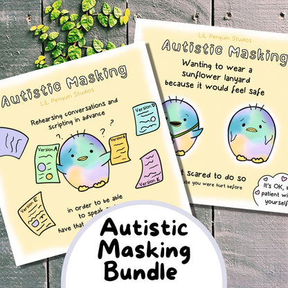Autistic Masking digital bundle with a blank worksheet. Hand drawn by an autistic artist (LiL Penguin Studios)