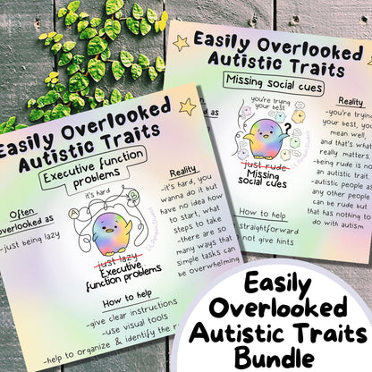 Easily Overlooked Autistic Traits Printable Bundle hand drawn by an autistic artist (LiL penguin Studios). This image shows two artworks, one about executive function problems and another about missing social cues.