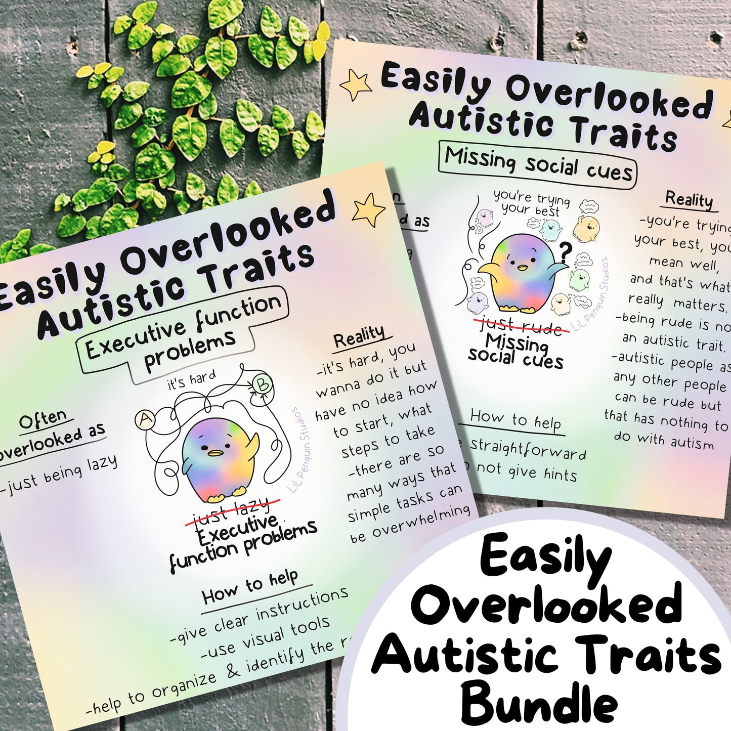 Easily Overlooked Autistic Traits Printable Bundle hand drawn by an autistic artist (LiL penguin Studios). This image shows two artworks, one about executive function problems and another about missing social cues.