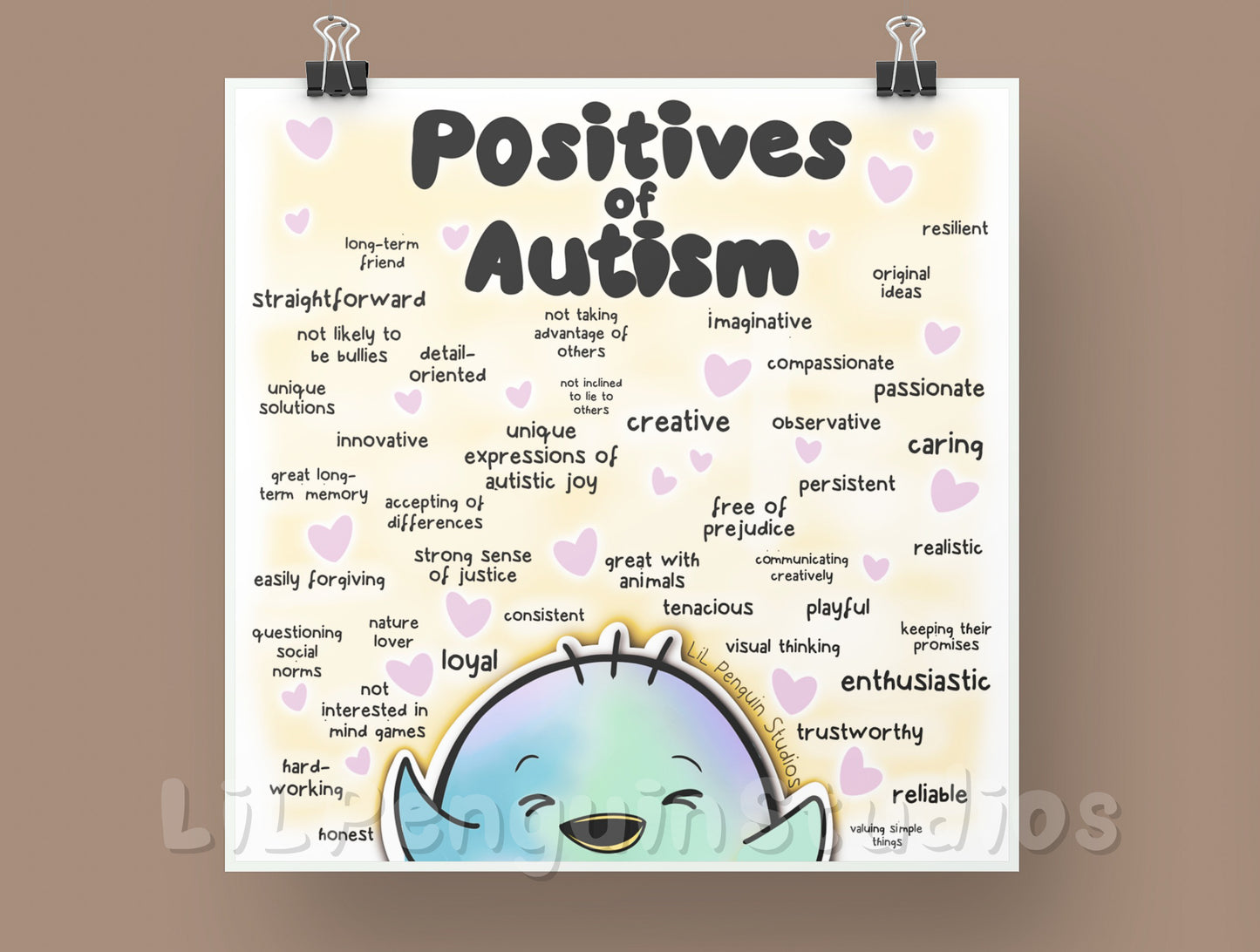 Positives oF Autism poster hand drawn by an autistic artist. 
