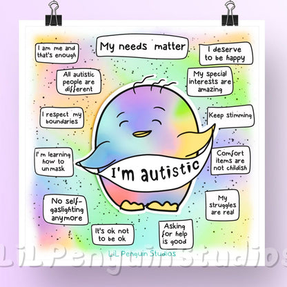 Autistic Affirmations Printable Poster. Transcript: I'm autistic. My needs matter. I am me and that's enough. All autistic people are different. I respect my boundaries. It's ok not to be ok. I'm learning how to unmask. No self-gaslighting anymore. My special interests are amazing. Keep stimming. Comfort items are not childish. My struggles are real. Asking for help is good. I deserve to be happy.