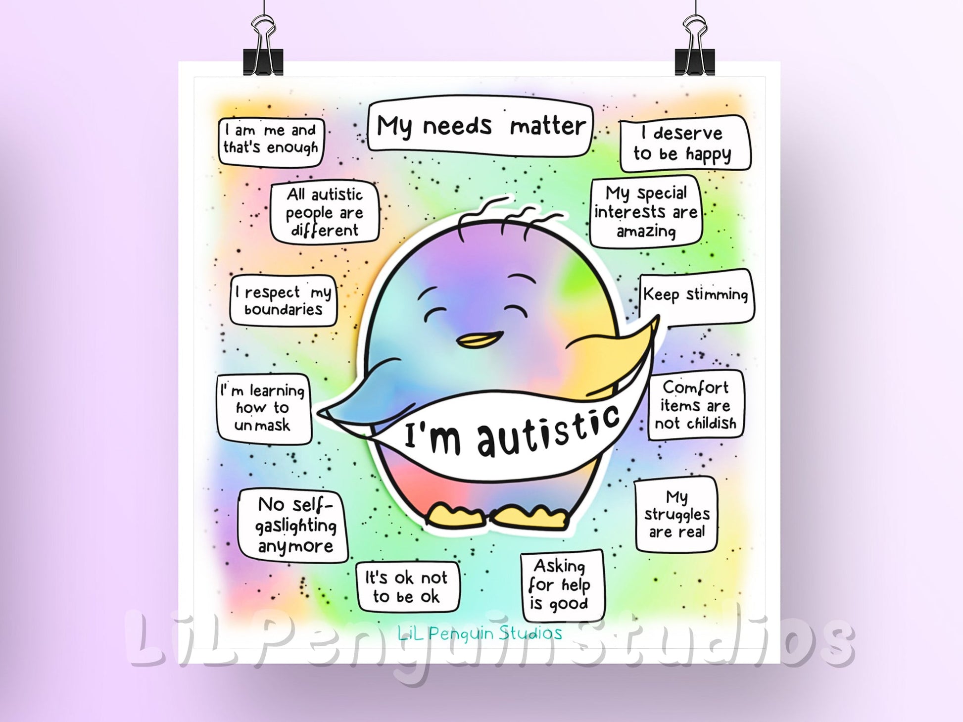Autistic Affirmations Printable Poster. Transcript: I'm autistic. My needs matter. I am me and that's enough. All autistic people are different. I respect my boundaries. It's ok not to be ok. I'm learning how to unmask. No self-gaslighting anymore. My special interests are amazing. Keep stimming. Comfort items are not childish. My struggles are real. Asking for help is good. I deserve to be happy.