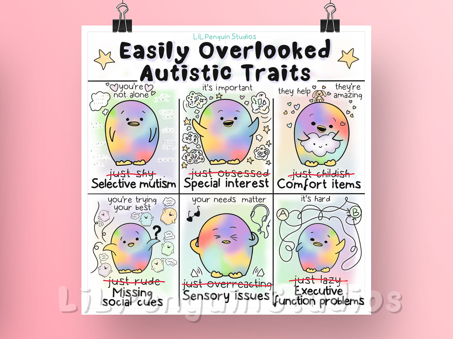 Autism Digital Art Print. Transcript: Easily Overlooked Autistic Traits✨ . - selective mutism / situational mutism- it's NOT about shyness - you're not alone - special interest - it's NOT just an obsession - it's important - executive function problems - it's NOT laziness - it's hard - sensory issues - it's NOT overreacting - your needs matter - missing social cues - it's NOT rudeness - you're trying your best - comfort items - they are NOT childish - they help a lot, and they are amazing