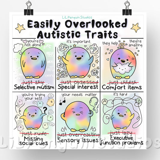 Autism Digital Art Print. Transcript: Easily Overlooked Autistic Traits✨ . - selective mutism / situational mutism- it's NOT about shyness - you're not alone - special interest - it's NOT just an obsession - it's important - executive function problems - it's NOT laziness - it's hard - sensory issues - it's NOT overreacting - your needs matter - missing social cues - it's NOT rudeness - you're trying your best - comfort items - they are NOT childish - they help a lot, and they are amazing