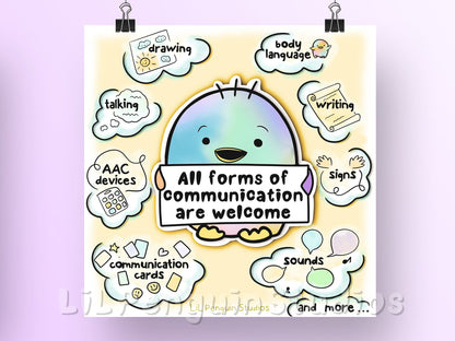 'All forms of communication are welcome' communication and inclusion art print included in the Autistic Affirmations and Reminders' Printable Poster Set.
