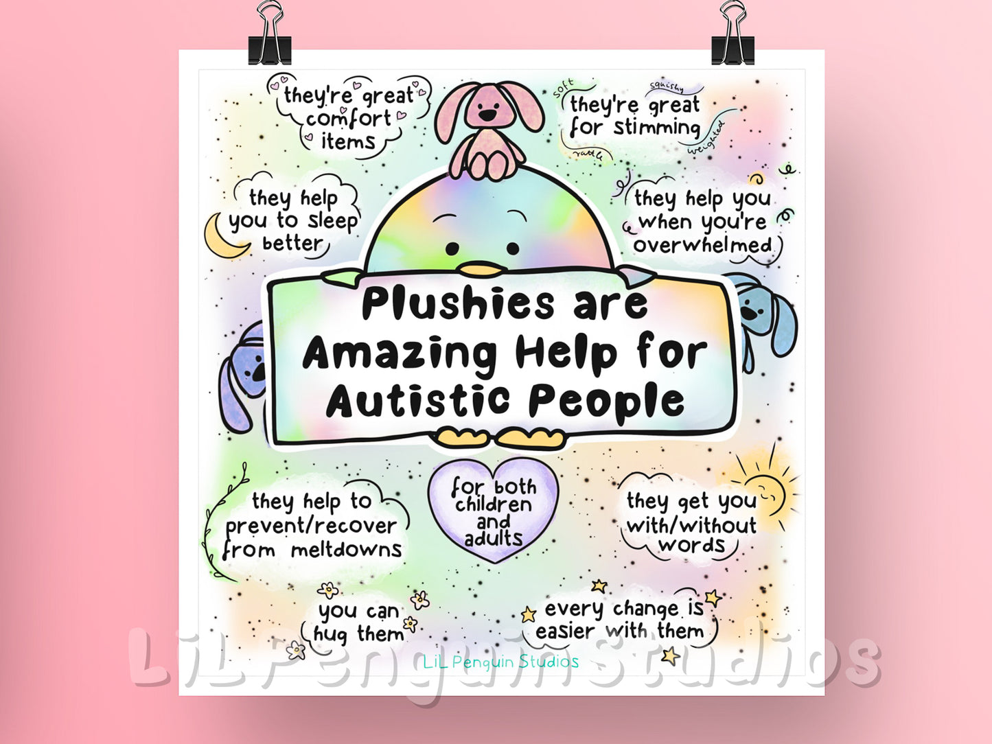 Autism Art Print. Plushies are amazing help for autistic people, children and adults equally💛 . Transcript: - they're great comfort items - they're great for stimming - they help you to sleep better - they help you when you're overwhelmed - they help to prevent/recover from meltdowns - they get you with or without words - you can hug them - and every change is easier with them