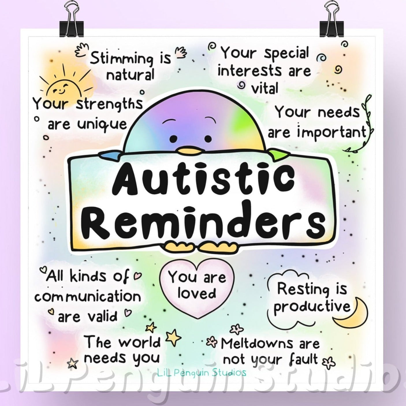Square Autism Poster (Digital Download only). Autistic reminders. Stimming is natural Your special interests are vital Your strengths are unique Your needs are important All kinds of communication are valid Resting is productive Meltdowns are not your fault You are loved The world needs you