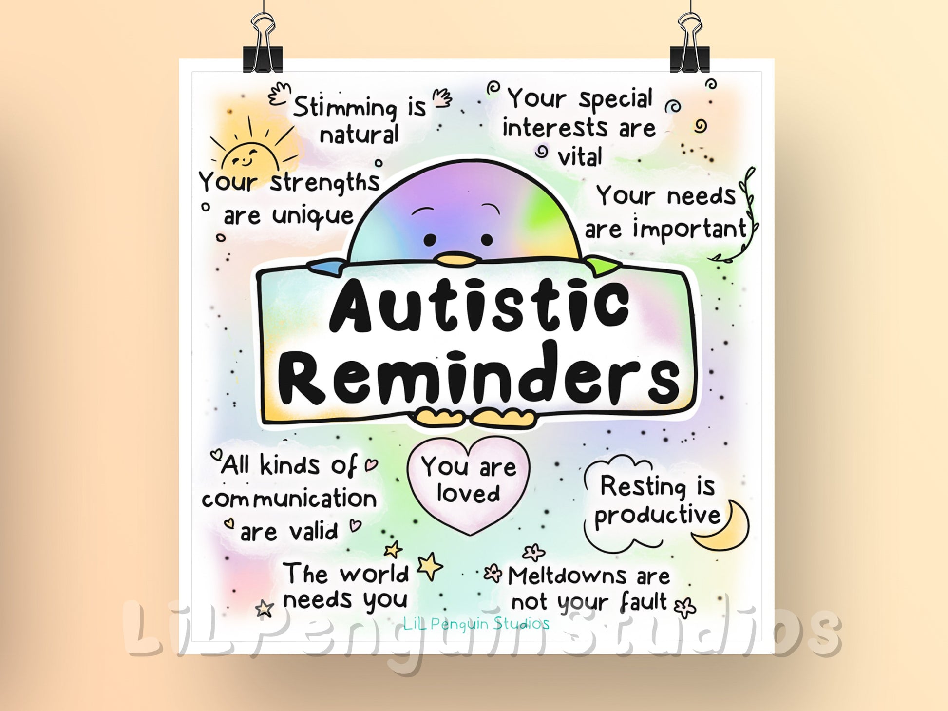 Square Autism Poster (Digital Download only). Autistic reminders. Stimming is natural Your special interests are vital Your strengths are unique Your needs are important All kinds of communication are valid Resting is productive Meltdowns are not your fault You are loved The world needs you