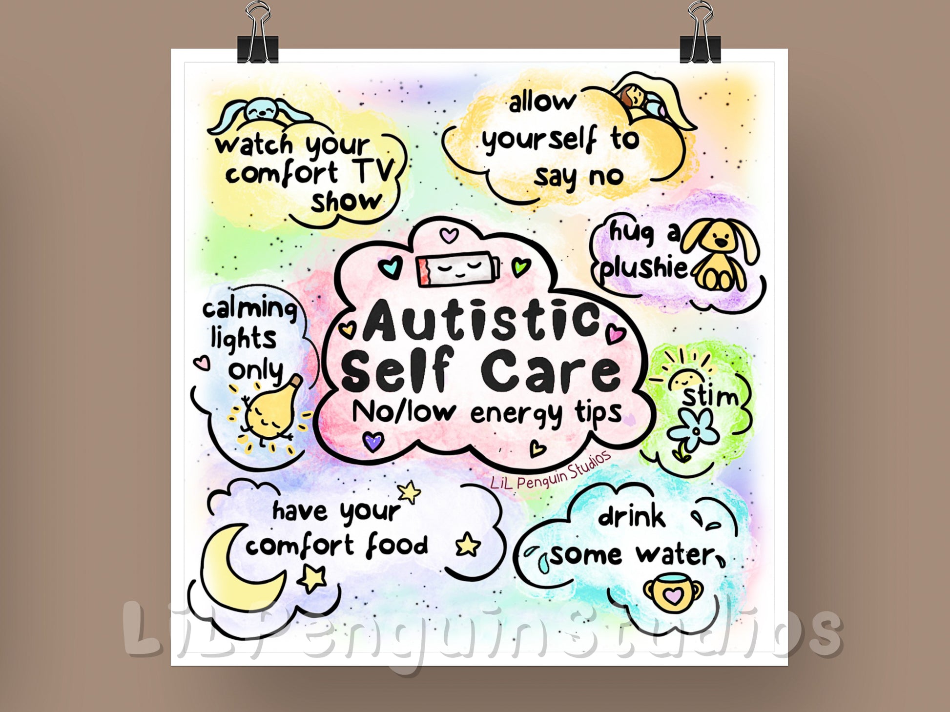 Autism Poster (digital). Transcript: Autistic self care: no/low energy tips. - allow yourself to say no - watch your comfort TV show (or movie, music etc.) - hug a plushie - drink some water - calming lights only - stim - have your comfort food
