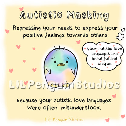 Autistic Masking printable bundle for therapists and other professionals with a blank worksheet. Hand drawn by an autistic artist (LiL Penguin Studios)