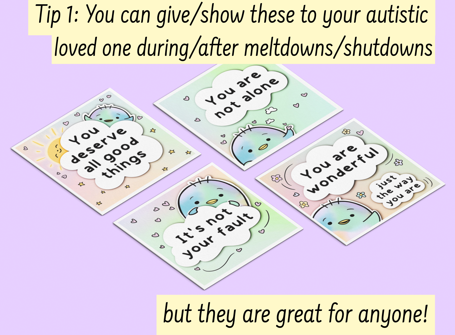 Affirmation cards / Kindness cards for anxiety, meltdowns, shutdowns, panic attacks, etc. Pastel colors, and cute penguins on each cards, hand drawn by an autistic artist.