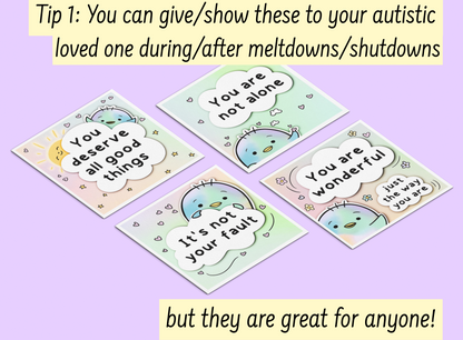 Affirmation cards / Kindness cards for anxiety, meltdowns, shutdowns, panic attacks, etc. Pastel colors, and cute penguins on each cards, hand drawn by an autistic artist.